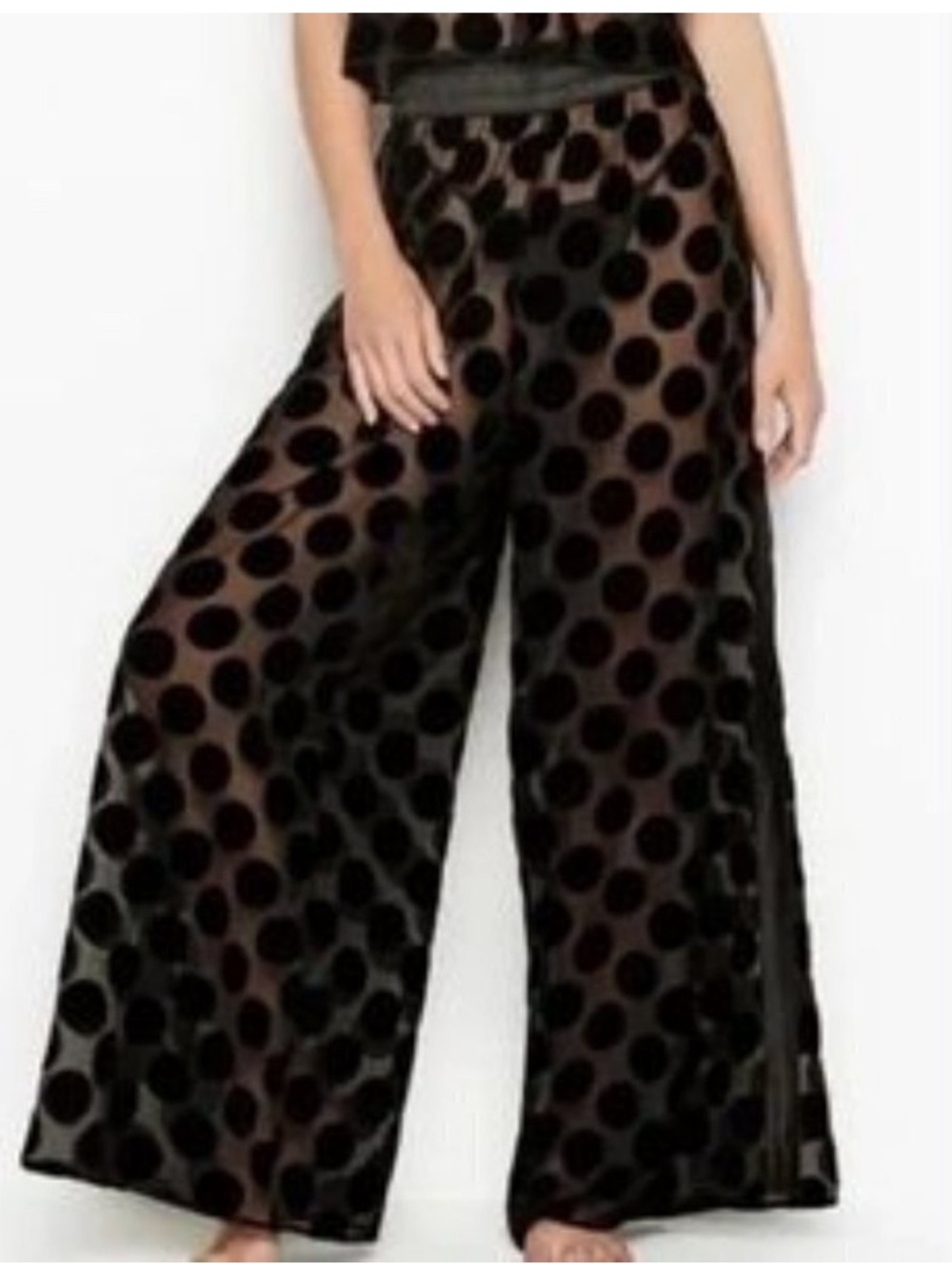 Victorias Secret Black Sheer Satin and Velvet Polka Dot Wide Leg Pants Size XL